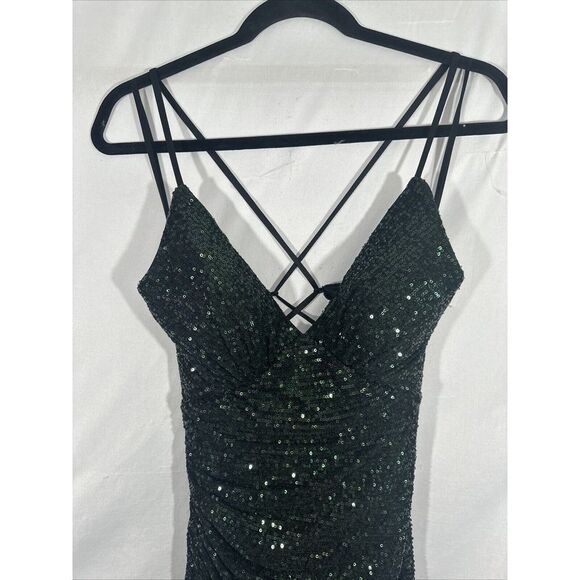 NEW $398 La Femme [ 4 ] V Neck Sequin Sleeveless‎ Gown Dark emerald Green - Picture 10 of 15